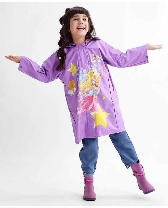 Babyhug Full Sleeves Hooded Barbie Graphics Raincoat - Purple