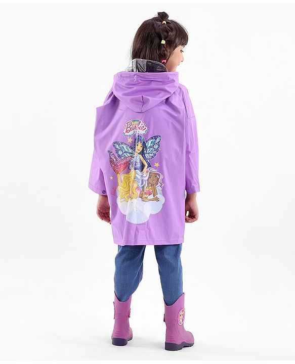 Babyhug Full Sleeves Hooded Barbie Graphics Raincoat - Purple