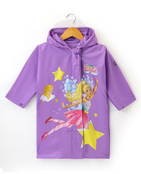 Babyhug Full Sleeves Hooded Barbie Graphics Raincoat - Purple