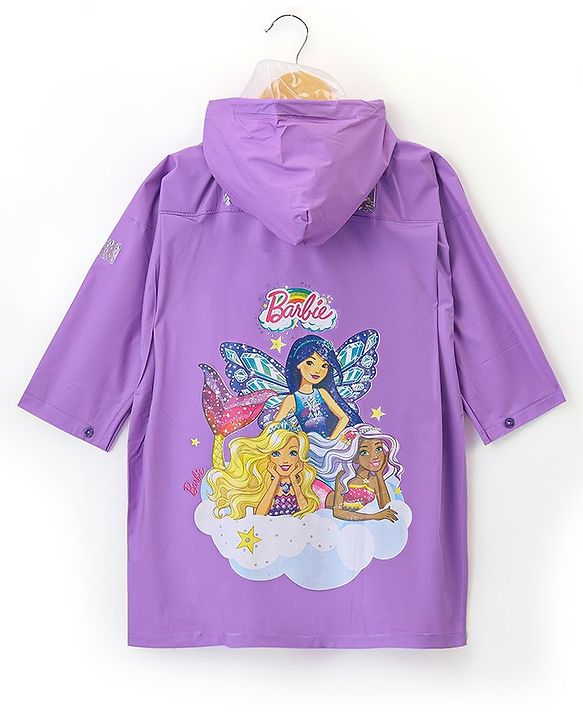 Babyhug Full Sleeves Hooded Barbie Graphics Raincoat - Purple