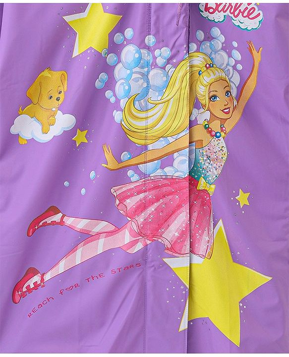 Babyhug Full Sleeves Hooded Barbie Graphics Raincoat - Purple
