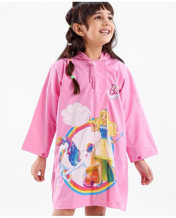 Babyhug Full Sleeves Hooded Barbie Graphics Raincoat - Pink