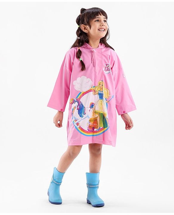 Babyhug Full Sleeves Hooded Barbie Graphics Raincoat - Pink