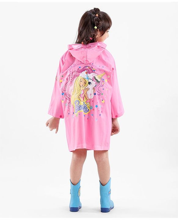 Babyhug Full Sleeves Hooded Barbie Graphics Raincoat - Pink