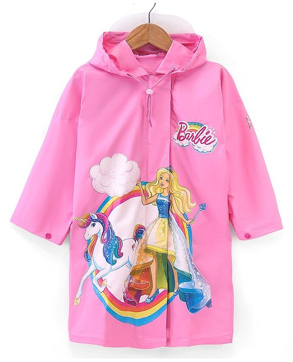 Babyhug Full Sleeves Hooded Barbie Graphics Raincoat - Pink