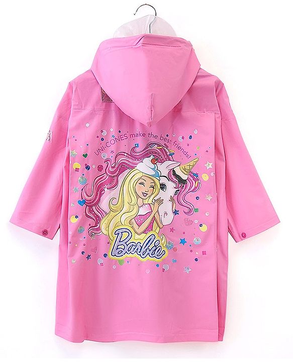 Babyhug Full Sleeves Hooded Barbie Graphics Raincoat - Pink
