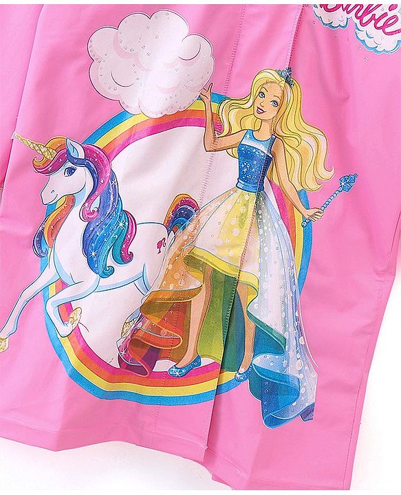 Babyhug Full Sleeves Hooded Barbie Graphics Raincoat - Pink