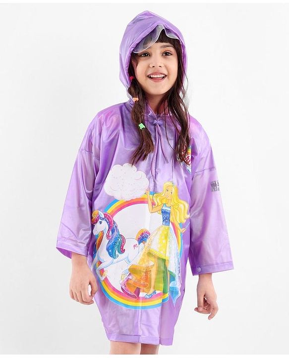 Babyhug Full Sleeves Hooded Raincoat Barbie Print - Lavender