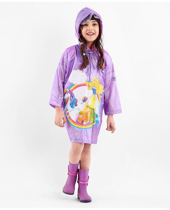 Babyhug Full Sleeves Hooded Raincoat Barbie Print - Lavender