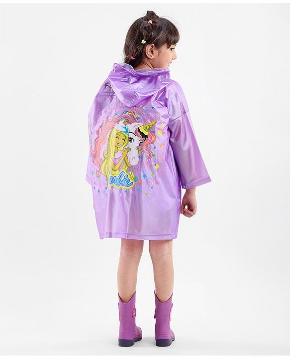 Babyhug Full Sleeves Hooded Raincoat Barbie Print - Lavender