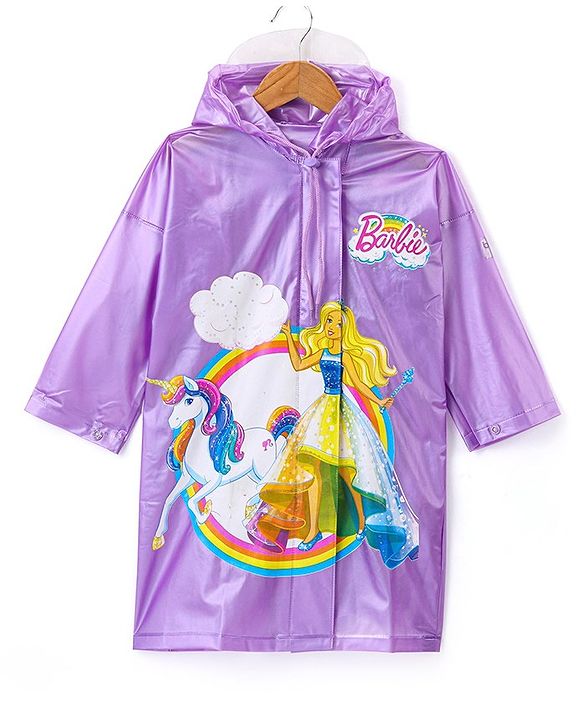 Babyhug Full Sleeves Hooded Raincoat Barbie Print - Lavender
