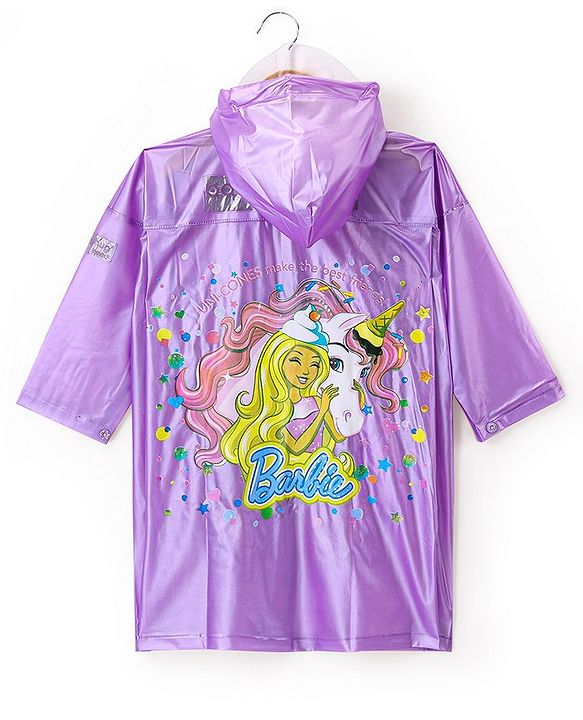 Babyhug Full Sleeves Hooded Raincoat Barbie Print - Lavender