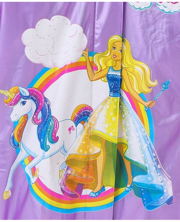 Babyhug Full Sleeves Hooded Raincoat Barbie Print - Lavender