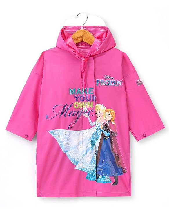 Babyhug Full Sleeve Calf Length Kids Raincoat Elsa Print - Pink