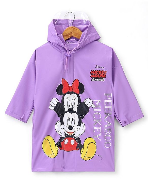 Babyhug Full Sleeve Calf Length Hooded Raincoat Mickey & Friends Print - Dark Purple