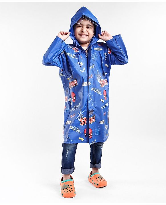 Babyhug Full Sleeves Hooded Raincoat Spider Man Print - Blue