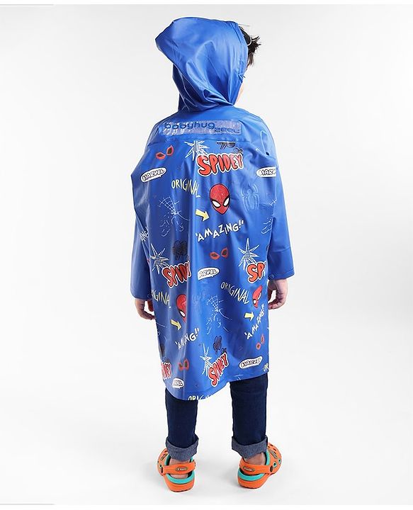 Babyhug Full Sleeves Hooded Raincoat Spider Man Print - Blue