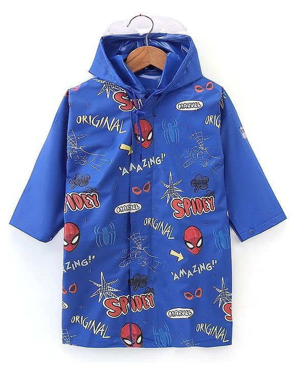 Babyhug Full Sleeves Hooded Raincoat Spider Man Print - Blue