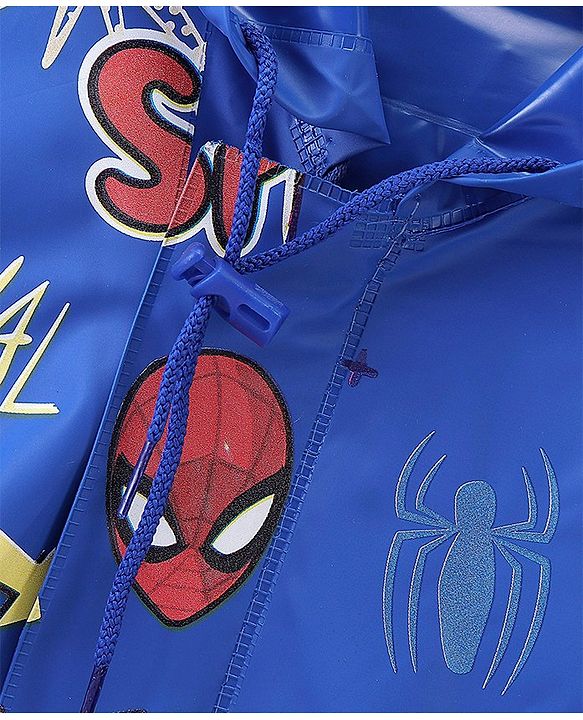 Babyhug Full Sleeves Hooded Raincoat Spider Man Print - Blue