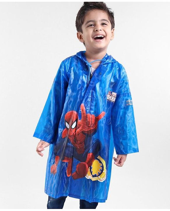 Babyhug Full Sleeves Hooded Raincoat Spiderman Print - Blue