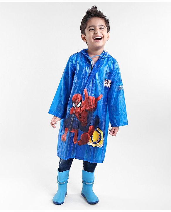 Babyhug Full Sleeves Hooded Raincoat Spiderman Print - Blue