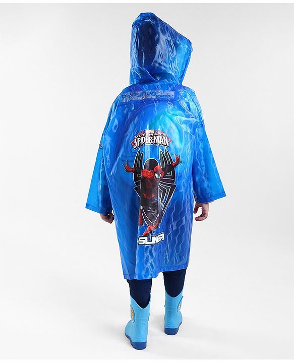 Babyhug Full Sleeves Hooded Raincoat Spiderman Print - Blue