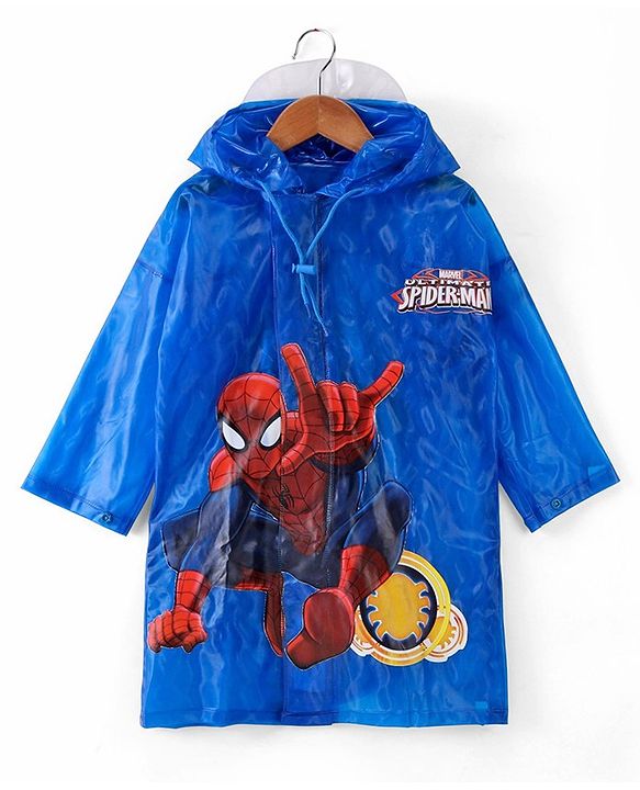 Babyhug Full Sleeves Hooded Raincoat Spiderman Print - Blue