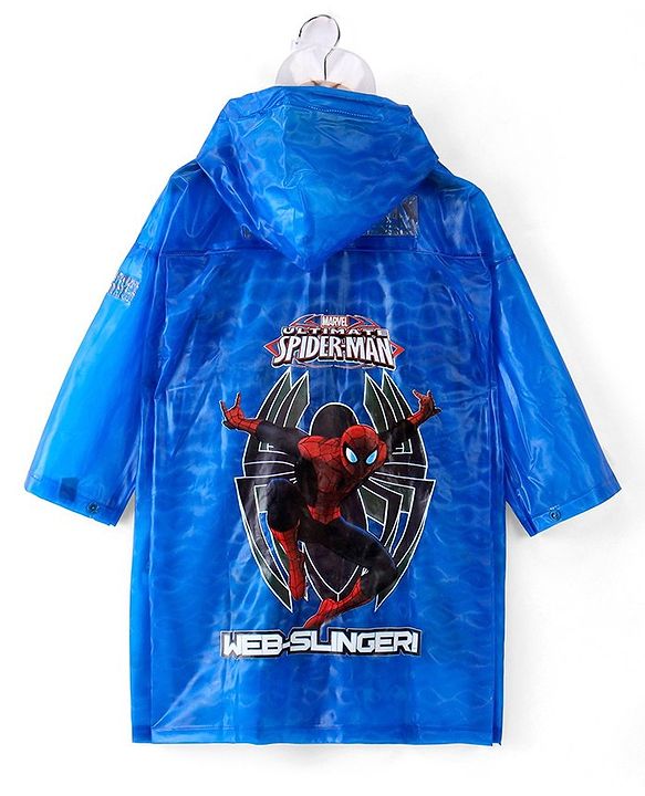 Babyhug Full Sleeves Hooded Raincoat Spiderman Print - Blue