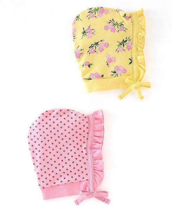 Babyhug 100% Cotton Knit Tie-Knot Caps Floral Print Pack of 2 - Pink & Yellow