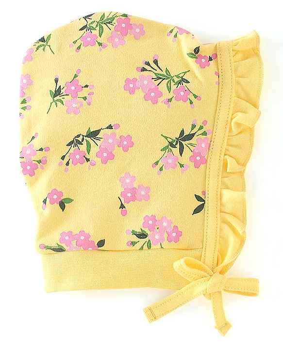 Babyhug 100% Cotton Knit Tie-Knot Caps Floral Print Pack of 2 - Pink & Yellow