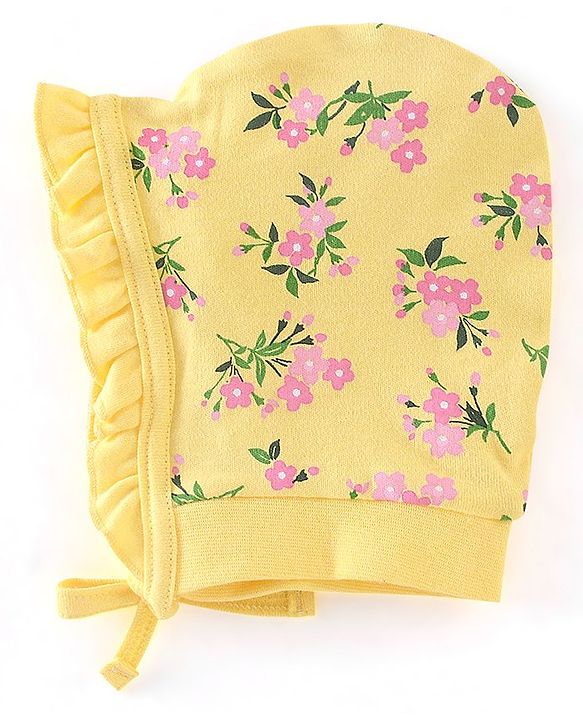 Babyhug 100% Cotton Knit Tie-Knot Caps Floral Print Pack of 2 - Pink & Yellow