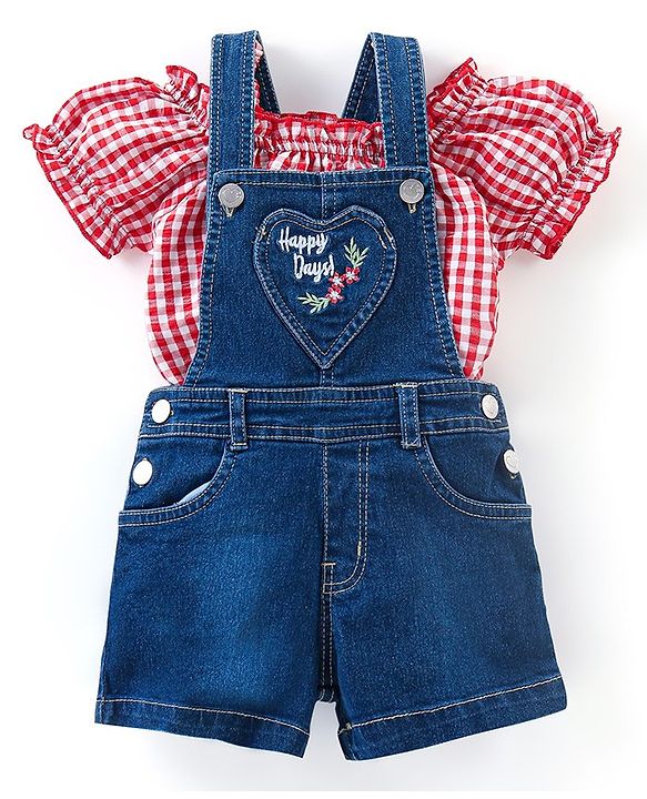 Babyhug 100% Cotton Denim Woven Dungaree with Floral Embroidered  and Half Sleeves Checked Top- Blue