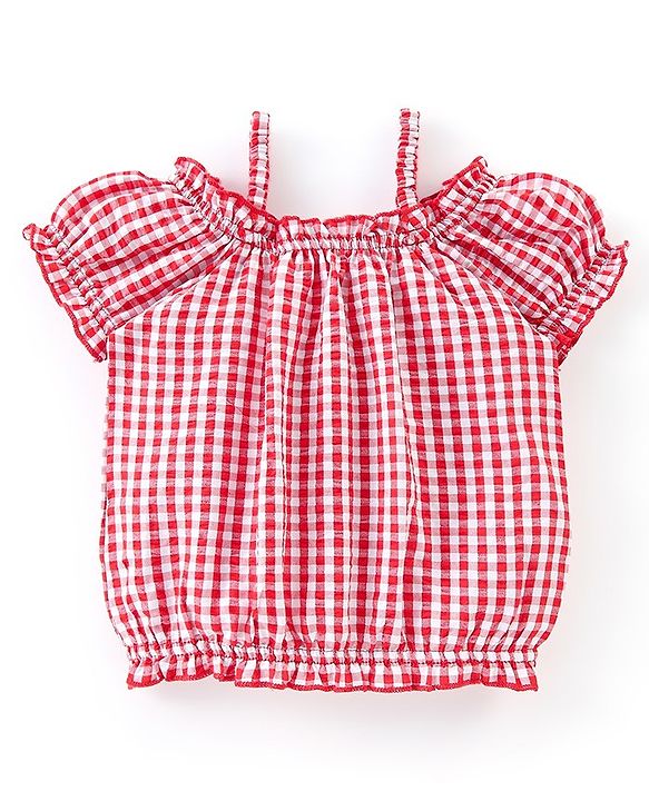 Babyhug 100% Cotton Denim Woven Dungaree with Floral Embroidered  and Half Sleeves Checked Top- Blue