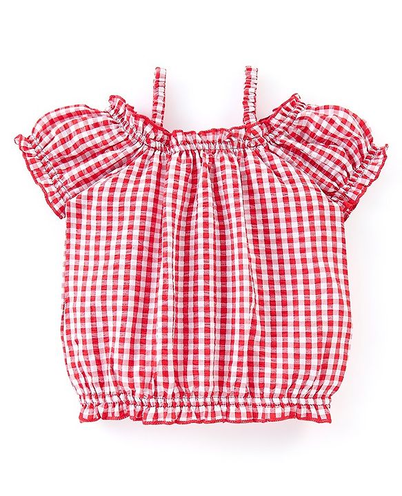 Babyhug 100% Cotton Denim Woven Dungaree with Floral Embroidered  and Half Sleeves Checked Top- Blue