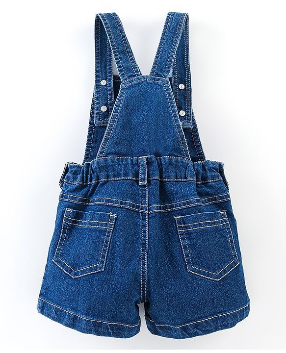 Babyhug 100% Cotton Denim Woven Dungaree with Floral Embroidered  and Half Sleeves Checked Top- Blue