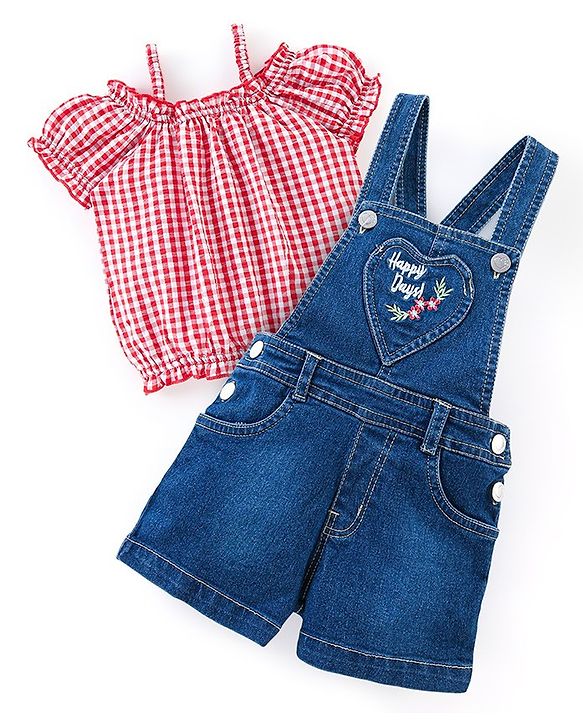 Babyhug 100% Cotton Denim Woven Dungaree with Floral Embroidered  and Half Sleeves Checked Top- Blue