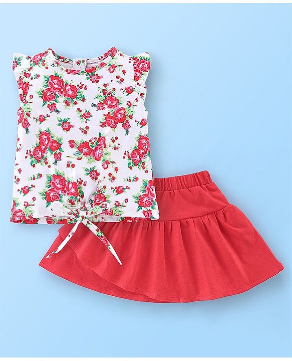 Babyhug 100% Cotton Frill Sleeves Top & Skirt Set Floral Print - White & Red