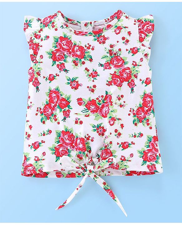 Babyhug 100% Cotton Frill Sleeves Top & Skirt Set Floral Print - White & Red
