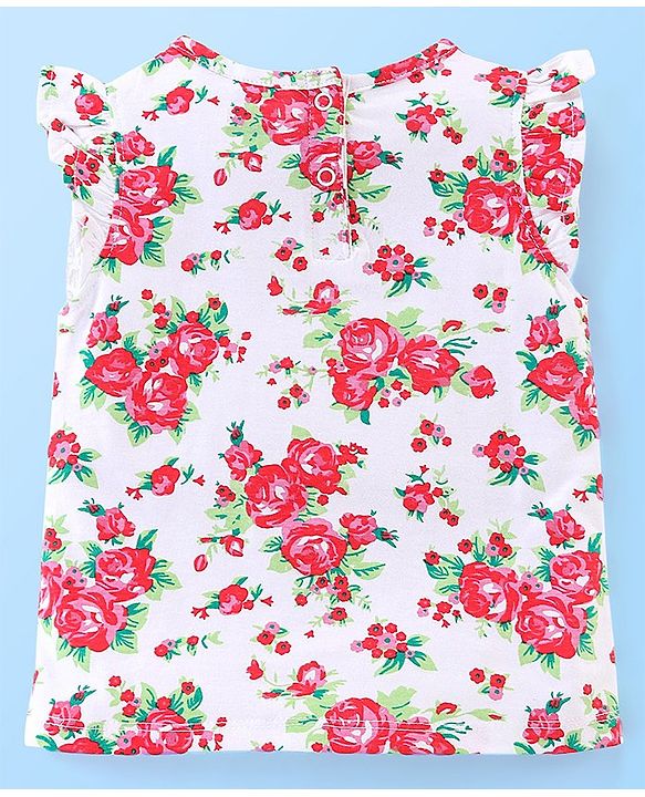 Babyhug 100% Cotton Frill Sleeves Top & Skirt Set Floral Print - White & Red