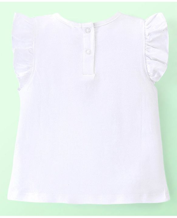 Babyhug 100% Cotton Knit Frill Sleeves Top & Shorts Set with Bow Applique & Argyle Embroidery - White & Light Blue