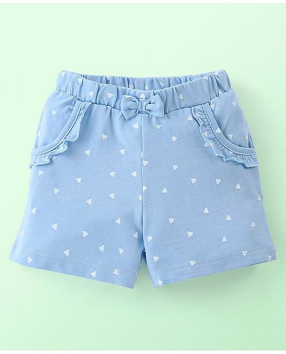 Babyhug 100% Cotton Knit Frill Sleeves Top & Shorts Set with Bow Applique & Argyle Embroidery - White & Light Blue