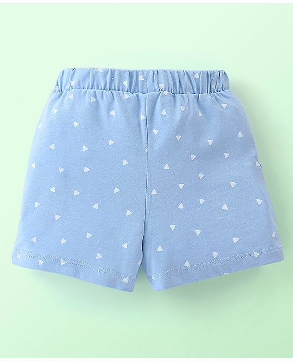 Babyhug 100% Cotton Knit Frill Sleeves Top & Shorts Set with Bow Applique & Argyle Embroidery - White & Light Blue