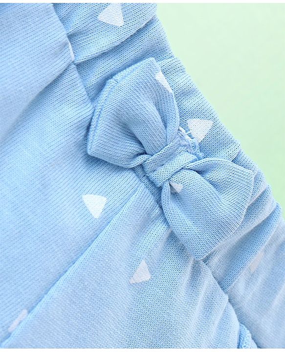 Babyhug 100% Cotton Knit Frill Sleeves Top & Shorts Set with Bow Applique & Argyle Embroidery - White & Light Blue