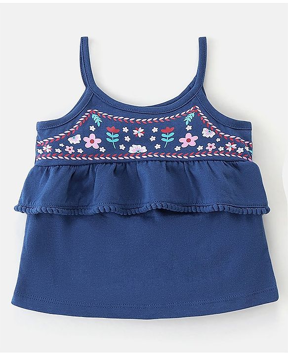 Babyhug 100% Cotton Knit Sleeveless Top & Short Floral Print - Navy Blue & Pink