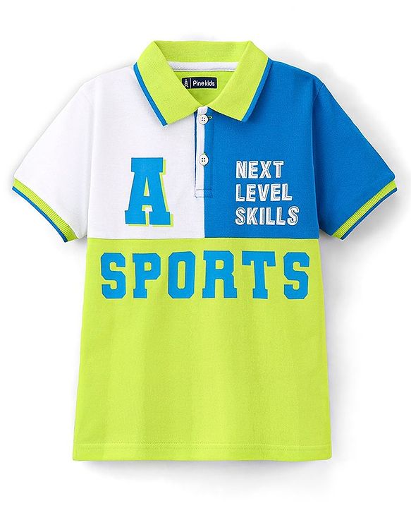 Pine Kids 100% Cotton Half Sleeves Biowashed Polo T-Shirt Text Print - Green & Blue