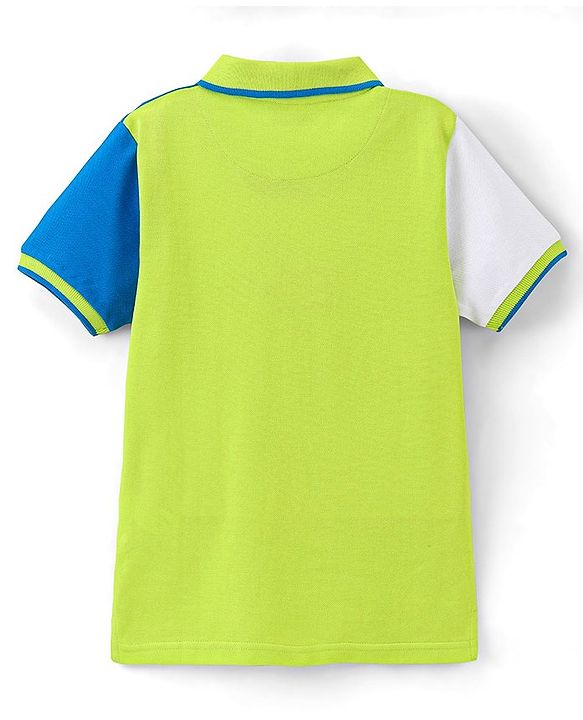 Pine Kids 100% Cotton Half Sleeves Biowashed Polo T-Shirt Text Print - Green & Blue