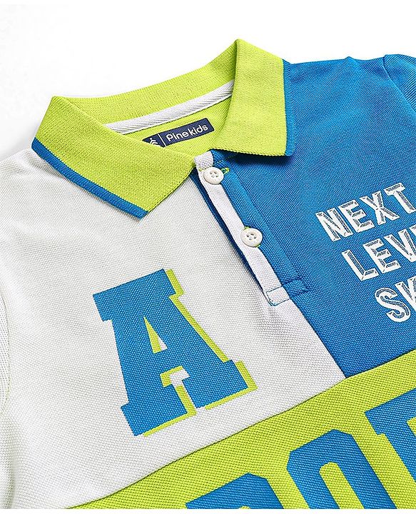 Pine Kids 100% Cotton Half Sleeves Biowashed Polo T-Shirt Text Print - Green & Blue