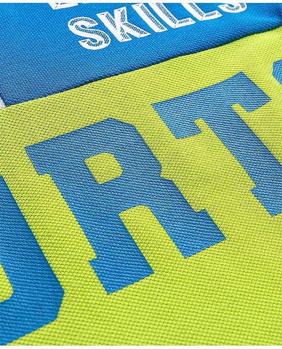 Pine Kids 100% Cotton Half Sleeves Biowashed Polo T-Shirt Text Print - Green & Blue