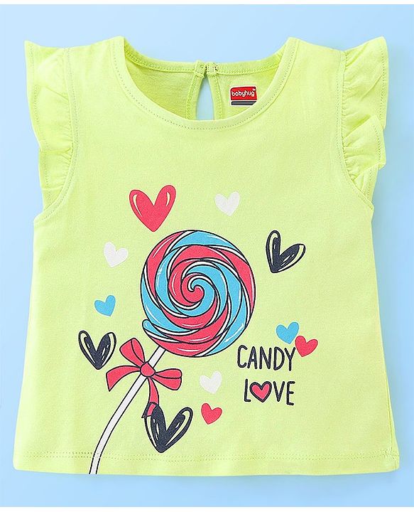Babyhug 100% Cotton Frill Sleeves Top & Striped Shorts Set Candy Print - Lime Green
