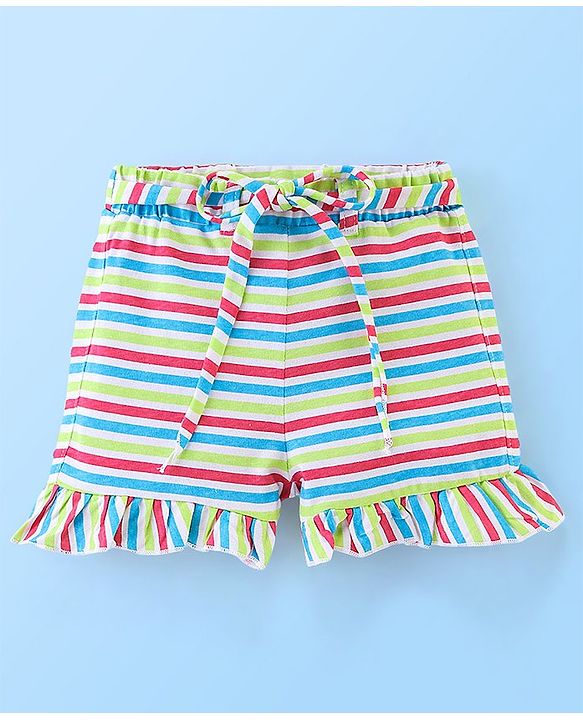Babyhug 100% Cotton Frill Sleeves Top & Striped Shorts Set Candy Print - Lime Green